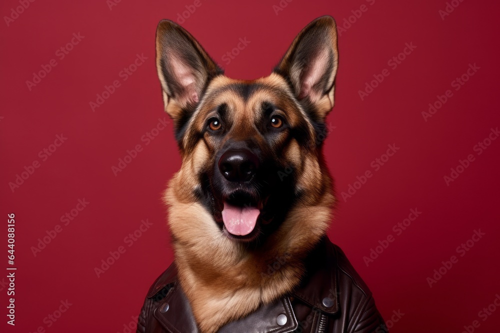 Medium shot portrait photography of a happy german shepherd wearing a leather jacket against a rich maroon background. With generative AI technology