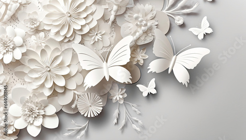 White Paper Flower and Butterfly Wall Decoration in Monochrome floral background