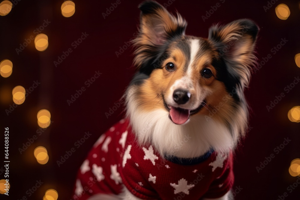 Medium shot portrait photography of a smiling shetland sheepdog wearing a festive sweater against a rich maroon background. With generative AI technology