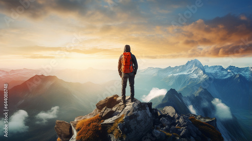 young hiker man in top of mountain with beautiful view