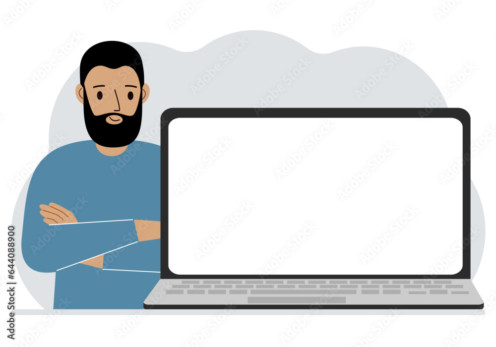 Man crossed his arms near the laptop. The laptop is large and there is room for a test. Man crossed his arms near the laptop. The laptop is large and there is room for a test.