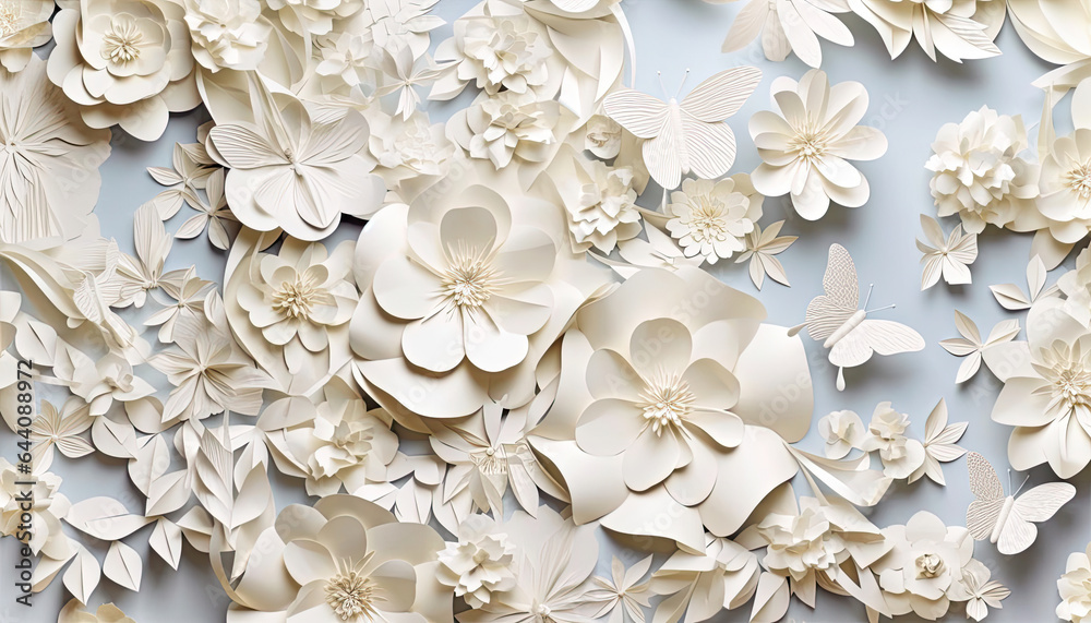White Paper Flower and Butterfly Wall Decoration in Monochrome,floral background White Paper Flower and Butterfly Wall Decoration in Monochrome,floral background