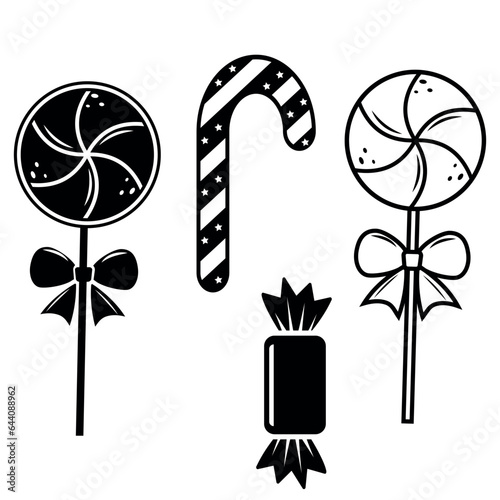 Set of festive candies, black silhouette, contour, doodle style photo