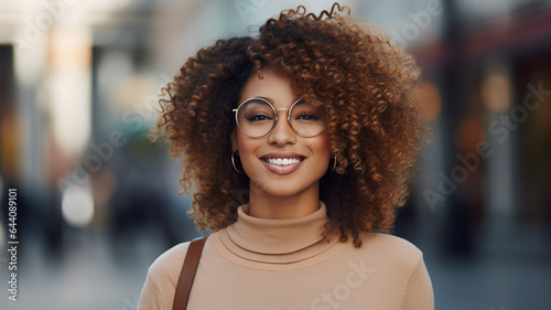 portrait of young african american woman in eyeglasses smiling at camera © Daniel