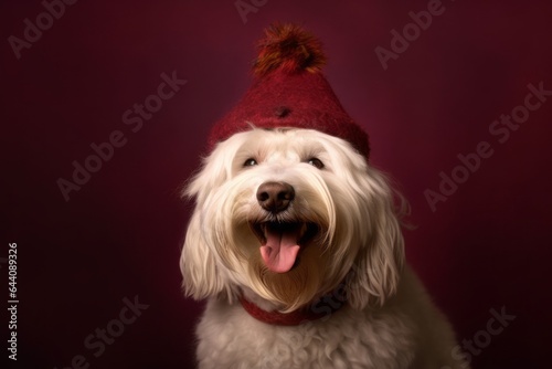 Medium shot portrait photography of a smiling komondor dog wearing a wizard hat against a rich maroon background. With generative AI technology