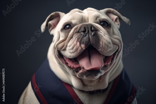 Close-up portrait photography of a happy bulldog wearing a sailor suit against a dark grey background. With generative AI technology