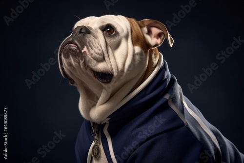 Close-up portrait photography of a happy bulldog wearing a sailor suit against a dark grey background. With generative AI technology © Markus Schröder
