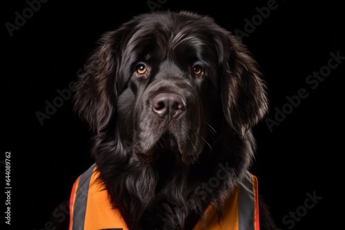 Close-up portrait photography of a funny newfoundland dog wearing a safety vest against a dark grey background. With generative AI technology