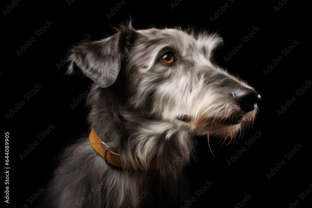 Photography in the style of pensive portraiture of a cute scottish deerhound wearing a light-up collar against a dark grey background. With generative AI technology