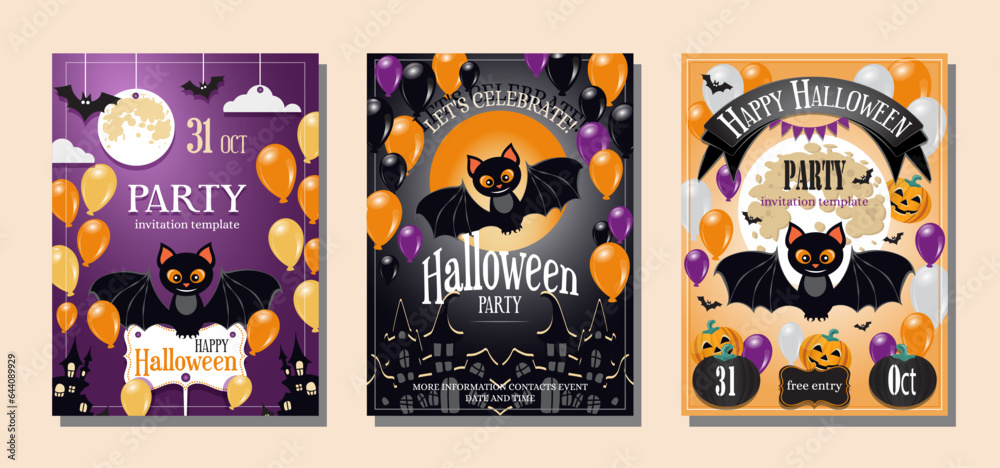 Happy Halloween party poster or flyer set. Drawing placards with bat, pumpkin, full moon and balloons. Invitation cover template. October 31 holiday evening promotional artwork. Vector illustration 