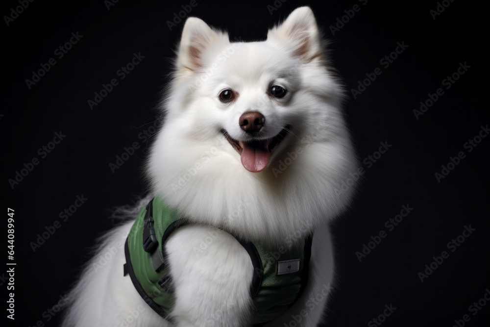 Environmental portrait photography of a happy american eskimo dog wearing a cooling vest against a dark grey background. With generative AI technology