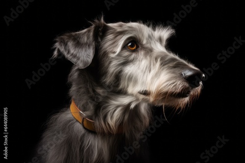 Photography in the style of pensive portraiture of a cute scottish deerhound wearing a light-up collar against a dark grey background. With generative AI technology