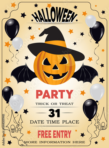 Happy Halloween template design invitation flyer or party poster. Drawing placard pumpkin, hat, bat and balloons. Invitation cover layout. October 31 holiday evening promotional artwork. Vector 