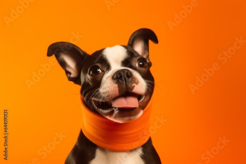Close-up portrait photography of a happy boston terrier wearing an anxiety wrap against a tangerine orange background. With generative AI technology © Markus Schröder
