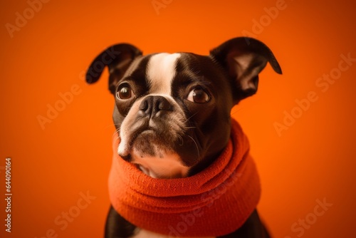 Close-up portrait photography of a happy boston terrier wearing an anxiety wrap against a tangerine orange background. With generative AI technology © Markus Schröder