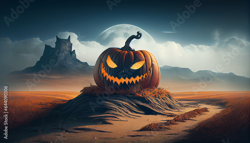 halloween pumpkin in a scary landscape , spookie illustration, Ai generated image photo