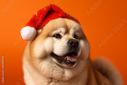 Medium shot portrait photography of a cute akita wearing a christmas hat against a tangerine orange background. With generative AI technology © Markus Schröder