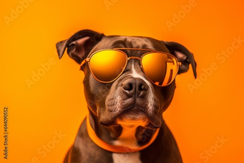 Close-up portrait photography of a cute staffordshire bull terrier wearing a hipster glasses against a tangerine orange background. With generative AI technology © Markus Schröder