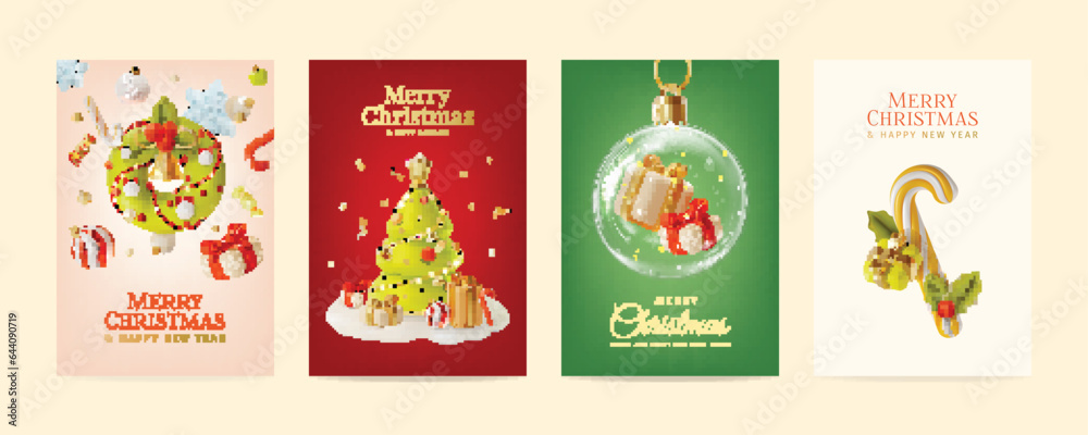 3d Merry Christmas and Happy New Year Placard Poster Banner Card Template Set Cartoon Style. Vector illustration of Celebration Winter Holidays 3d Merry Christmas and Happy New Year Placard Poster Banner Card Template Set Cartoon Style. Vector illustration of Celebration Winter Holidays