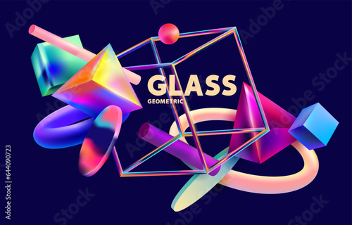 Colorful 3D glass cubes on dark background. Abstract geometric composition.
