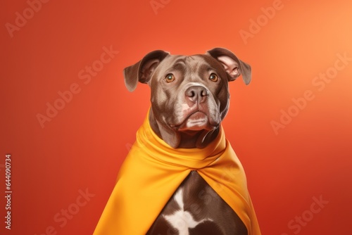 Medium shot portrait photography of a cute staffordshire bull terrier wearing a superhero cape against a tangerine orange background. With generative AI technology © Markus Schröder