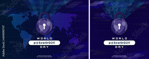 World Password Day Design Banner. Globe Padlock for cyber security. Complex password typography. Protect your privacy and assets with a secure and complex password. Vector Illustration. 