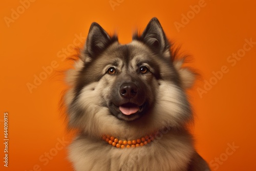 Medium shot portrait photography of a funny norwegian elkhound wearing a lion mane against a tangerine orange background. With generative AI technology photo