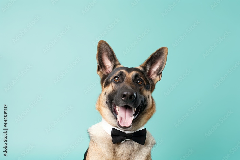 Studio portrait photography of a happy german shepherd wearing a tuxedo against a pastel green background. With generative AI technology