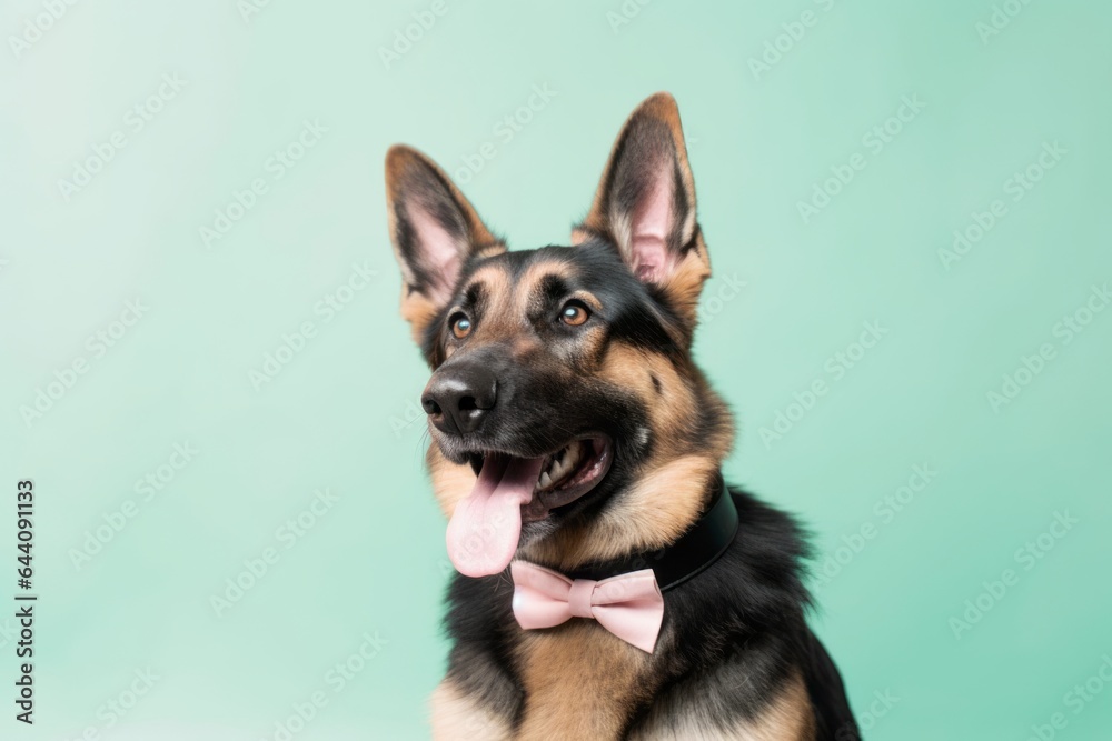 Studio portrait photography of a happy german shepherd wearing a tuxedo against a pastel green background. With generative AI technology