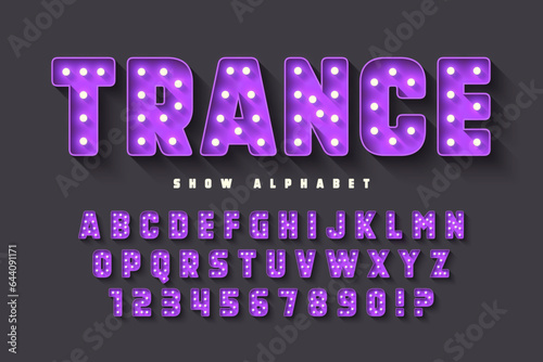 Retro cinema alphabet design, cabaret, LED lamps letters and numbers.