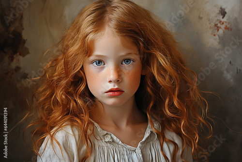 Studio portrait of cutle little curly ginger girl on different colours background photo