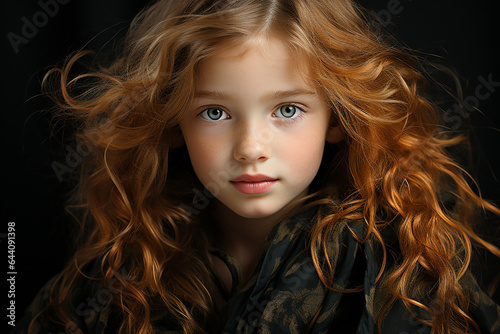 Studio portrait of cutle little curly ginger girl on different colours background