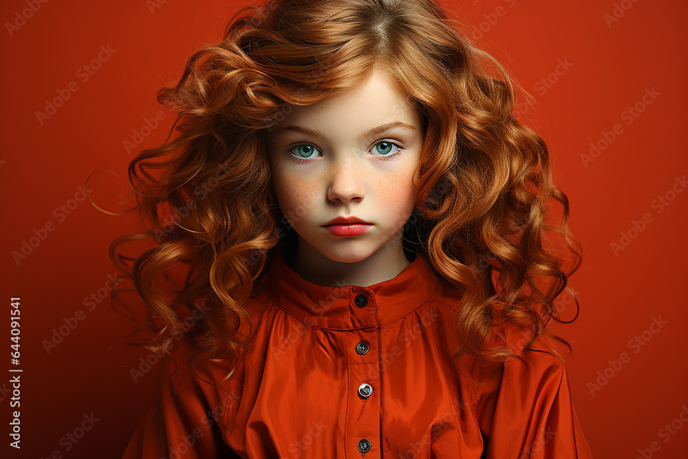 Studio portrait of cutle little curly ginger girl on different colours background