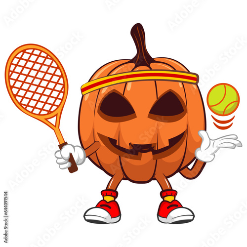 Vector mascot, cartoon and illustration of a halloween pumpkin playing tennis with a tennis racket and ball