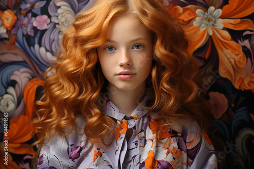 Studio portrait of cutle little curly ginger girl on different colours background