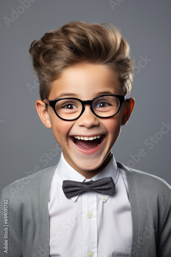 Cheerful smiling elegant funny schoolboy on light studio background. Generative AI