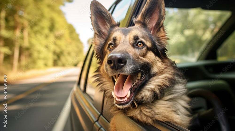 A happy German Shepherd Mix Breed Dog is hanging his tounge out of his mouth as he sticks his head out a car window while on a family road trip A happy German Shepherd Mix Breed Dog is hanging his tounge out of his mouth as he sticks his head out a car window while on a family road trip