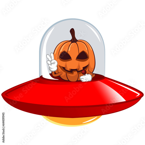 Vector mascot, cartoon and illustration of a halloween pumpkin is driving an alien ufo plane