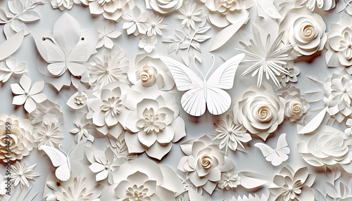 Paper Cut Flowers With Butterflies On White Background,White Floral and Butterfly Pattern in 3D 