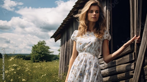 Model leaning against a rustic wooden fence in the countryside, wearing a floral summer dress