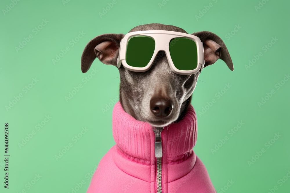 Group portrait photography of a cute italian greyhound dog wearing a ski suit against a pastel green background. With generative AI technology