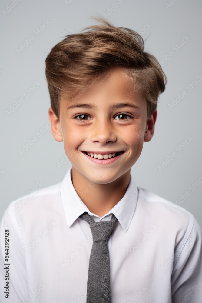 Cheerful smiling elegant funny schoolboy on light studio background. Generative AI Cheerful smiling elegant funny schoolboy on light studio background. Generative AI