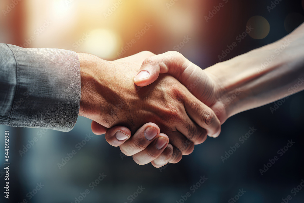 Handshake of a businessman and businesswoman in an office Handshake of a businessman and businesswoman in an office