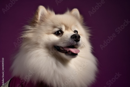 Photography in the style of pensive portraiture of a smiling keeshond wearing a sailor suit against a deep purple background. With generative AI technology