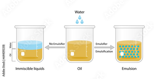 Emulsion, a mixture of two immiscible liquids (oil and water) in beakers, Emulsion water in oil, Immiscible liquids. Emulsification, emulsifier. isolated on white background. Vector illustration.