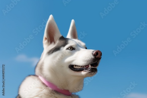 Close-up portrait photography of a happy siberian husky wearing a unicorn horn against a sky-blue background. With generative AI technology