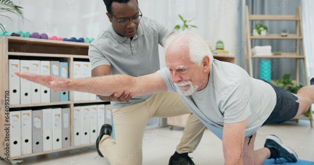 Obraz premium Physiotherapy, body stretching and senior man for rehabilitation, recovery and black man support client. Retirement physical therapy, mobility or African physiotherapist help elderly patient on floor