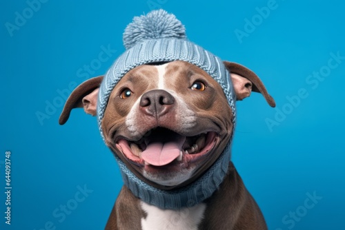 Close-up portrait photography of a smiling staffordshire bull terrier wearing a winter hat against a sky-blue background. With generative AI technology