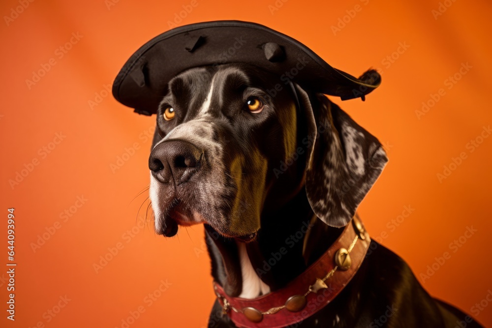 Close-up portrait photography of a happy great dane wearing a pirate hat against a pastel orange background. With generative AI technology