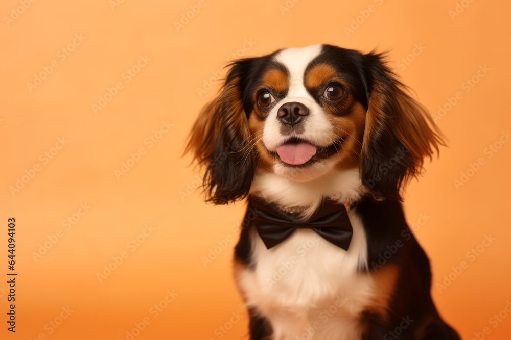 Medium shot portrait photography of a smiling cavalier king charles spaniel dog wearing a tuxedo against a pastel orange background. With generative AI technology